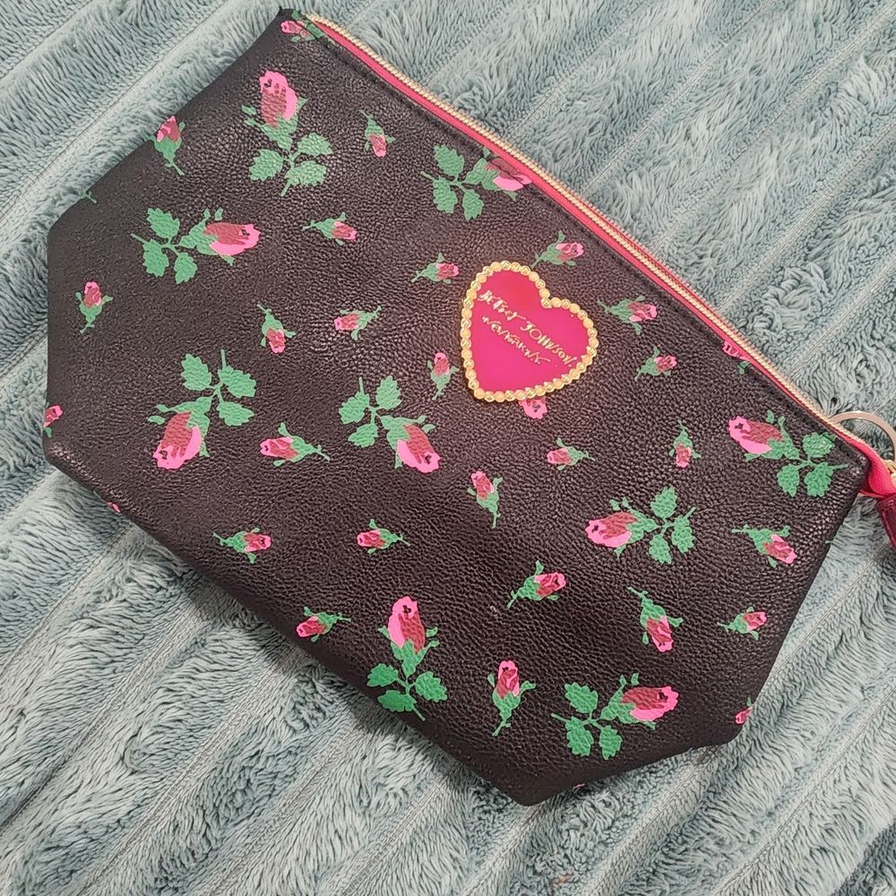 Betsey Johnson Black Cosmetic Bag with Pink Floral Design